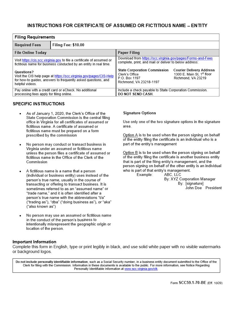Certificate Of Assumed Or Fictitious Name Business Conducted By An Entity {SCC59.1-70-BE} | Pdf Fpdf Docx | Virginia
