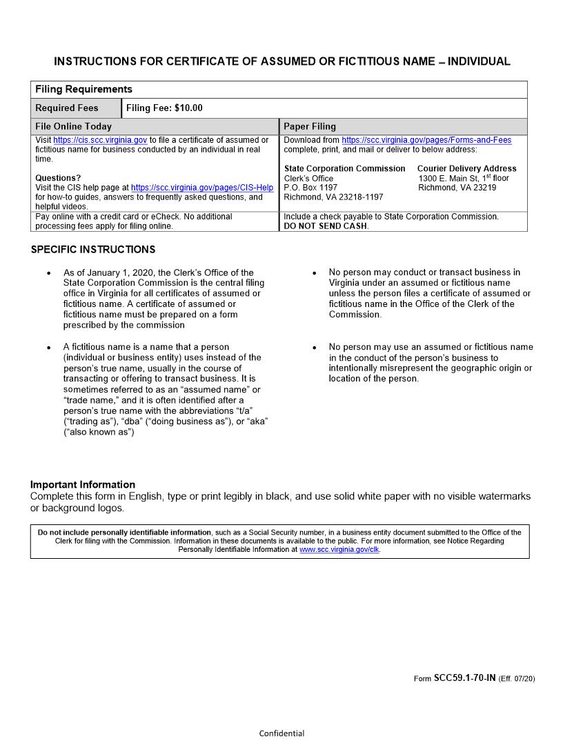 Certificate Of Assumed Or Fictitious Name Business Conducted By An Individual {SCC59.1-70-IN} | Pdf Fpdf Docx | Virginia