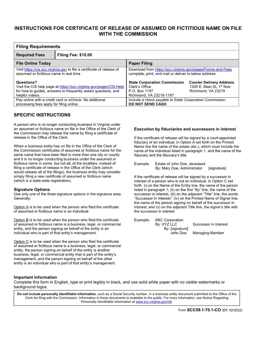 Certificate Of Release Of Assumed Or Fictitious Name On File With Commission {SCC59.1 - 70.1-CO} | Pdf Fpdf Docx | Virginia