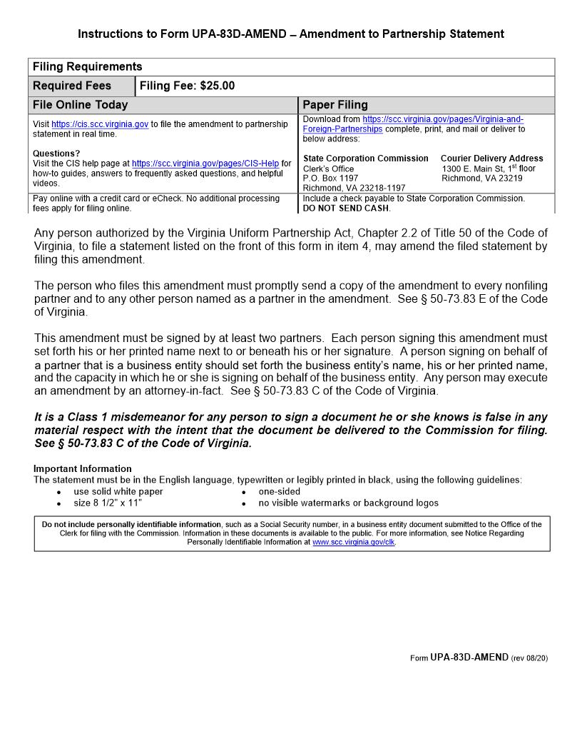 Amendment To Partnership Statement {UPA-83D-AMEND} | Pdf Fpdf Doc Docx | Virginia