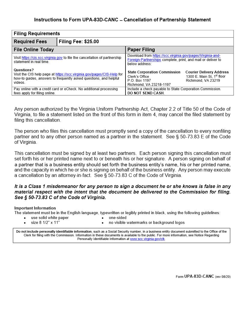 Cancellation Of Partnership Statement {UPA-83D-Canc} | Pdf Fpdf Doc Docx | Virginia
