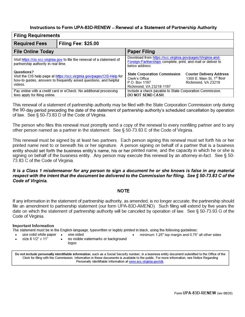 Renewal Of A Statement Of Partnership Authority {UPA-83D-RENEW} | Pdf Fpdf Doc Docx | Virginia