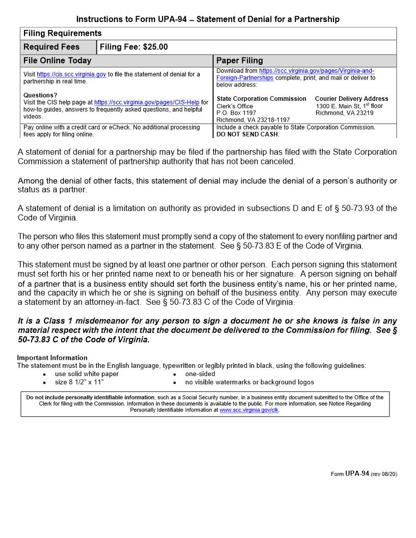 Statement Of Denial For A Partnership {UPA-94} | Pdf Fpdf Doc Docx | Virginia