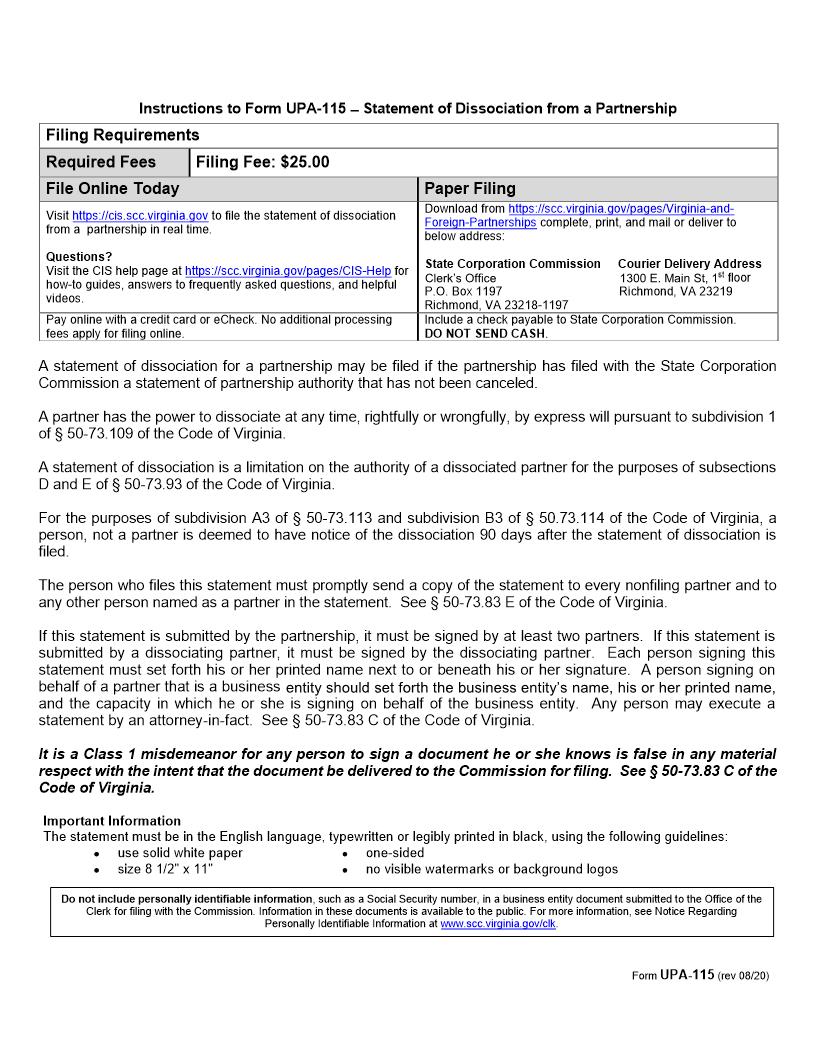 Statement Of Dissociation From A Partnership {UPA-115} | Pdf Fpdf Doc Docx | Virginia