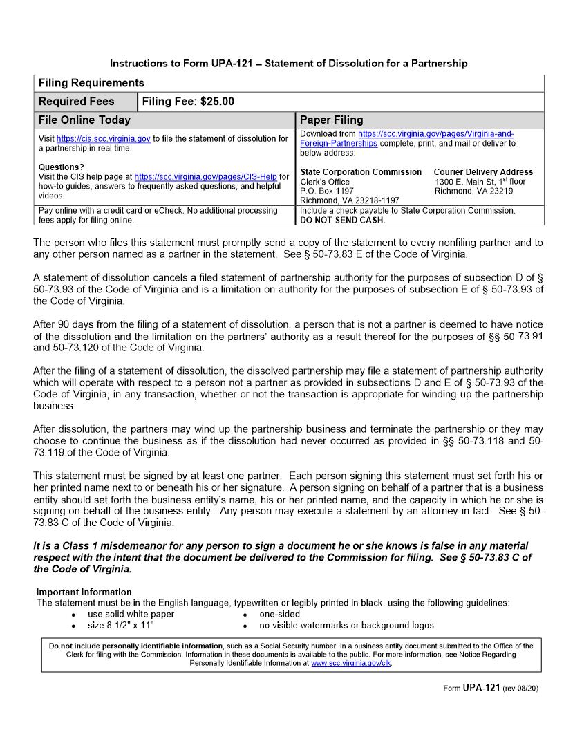 Statement Of Dissolution Of A Partnership {UPA-121} | Pdf Fpdf Doc Docx | Virginia