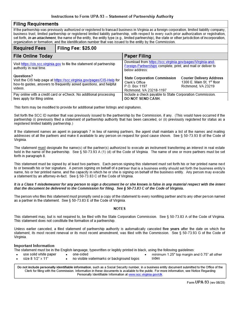 Statement Of Partnership Authority {UPA-93} | Pdf Fpdf Doc Docx | Virginia