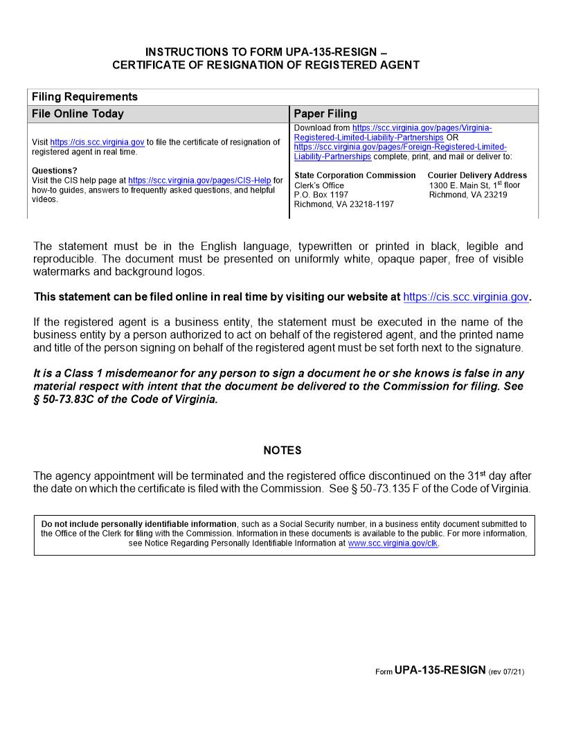 Certificate Of Resignation Of Registered Agent {UPA-135-RESIGN} | Pdf Fpdf Doc Docx | Virginia