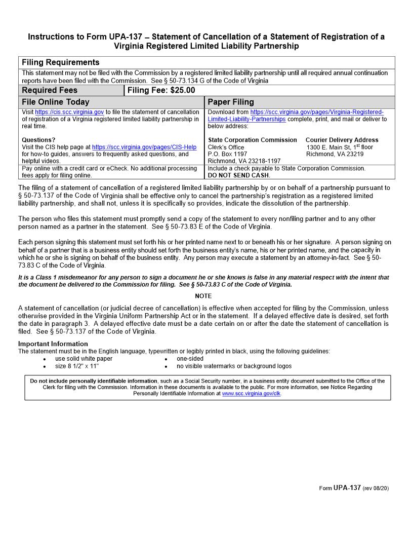 Statement Of Cancellation Of A Statement Of Registration Of A Domestic Registered Limited Liability Partnership {UPA-137} | Pdf Fpdf Doc Docx | Virginia
