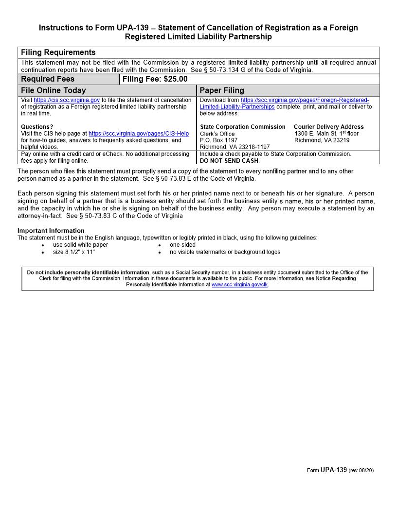 Statement Of Cancellation Of Registration As A Foreign Registered Limited Liability Partnership {UPA-139} | Pdf Fpdf Doc Docx | Virginia