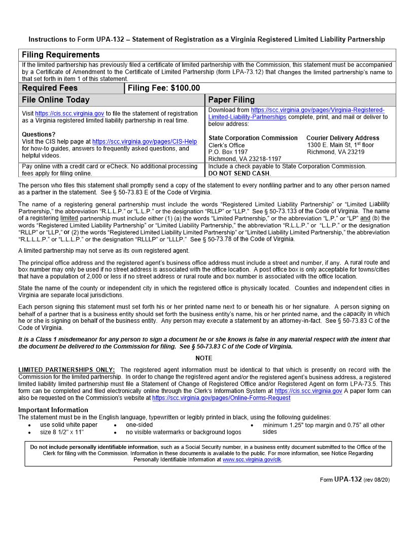 Statement Of Registration As A Domestic Registered Limited Liability Partnership {UPA-132} | Pdf Fpdf Doc Docx | Virginia