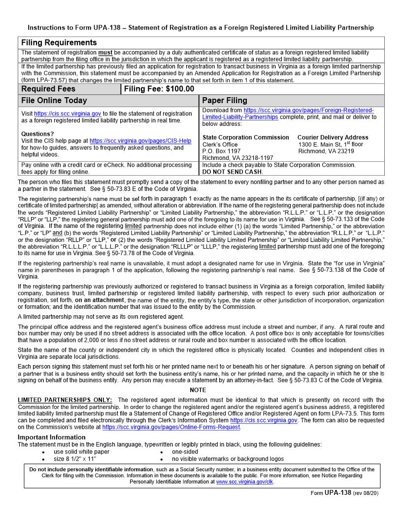 Statement Of Registration As A Foreign Registered Limited Liability Partnership {UPA-138} | Pdf Fpdf Doc Docx | Virginia