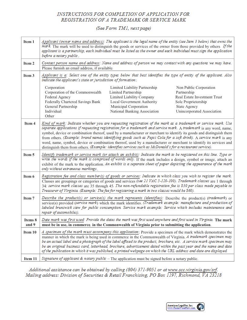 Application For Registration Of A Trademark Or Service Mark {TM 1} | Pdf Fpdf Docx | Virginia