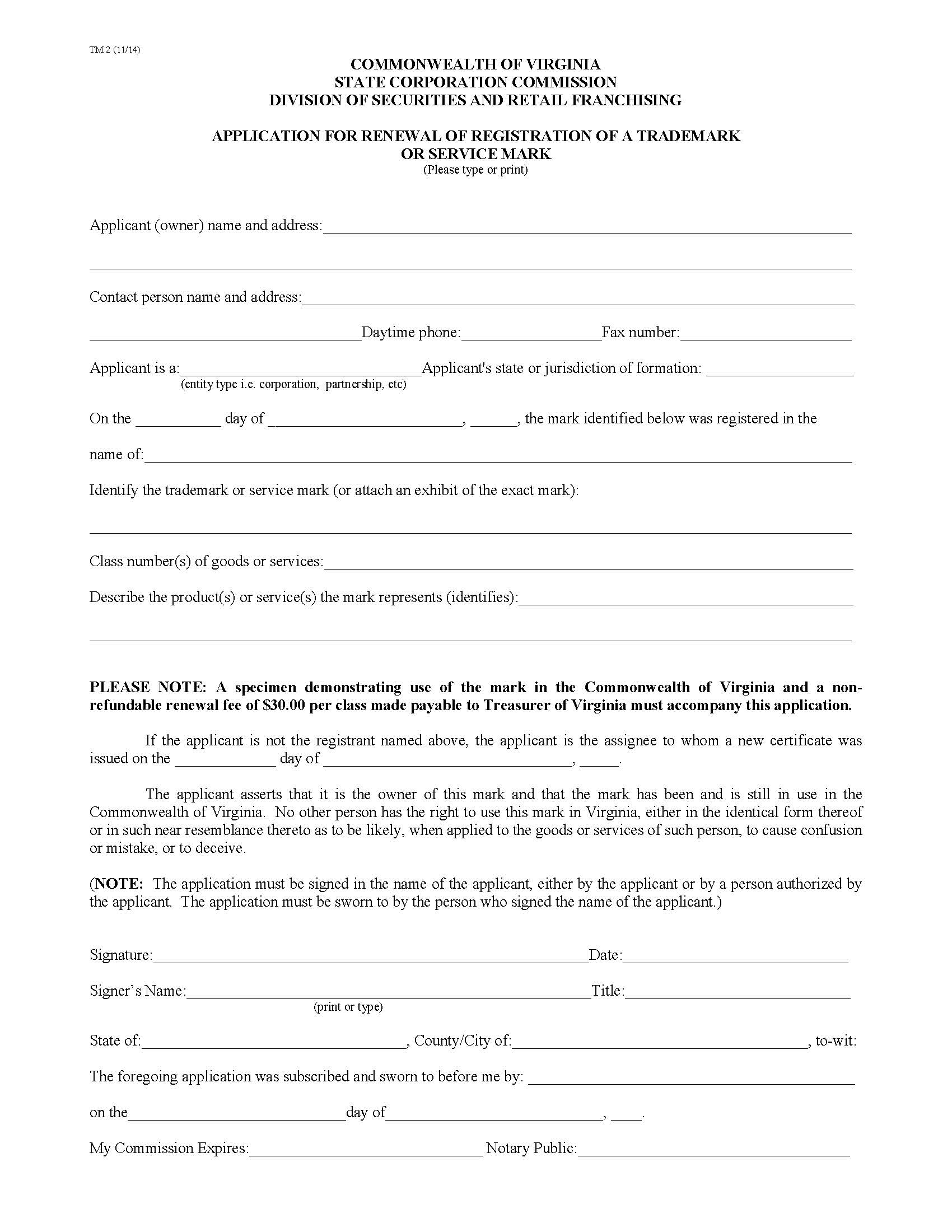 Application For Renewal Of Registration Of A Trademark Or Service Mark {TM 2} | Pdf Fpdf Doc Docx | Virginia