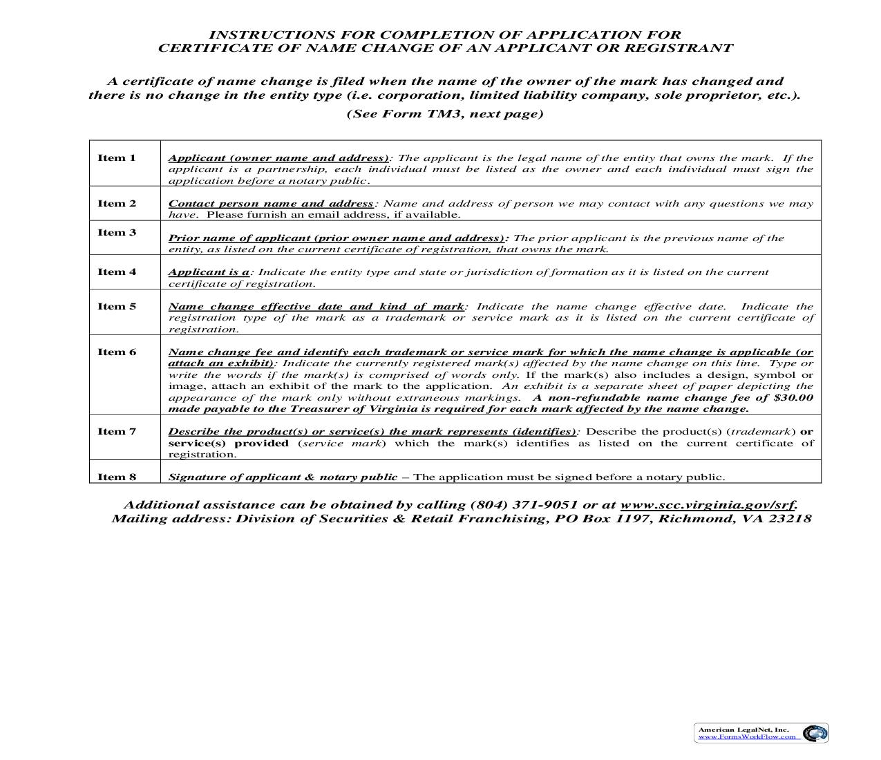 Certificate Of Name Change Of An Applicant Or Registrant {TM 3} | Pdf Fpdf Doc Docx | Virginia