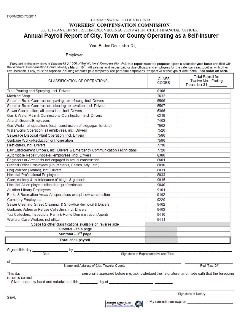 Annual Payroll Report Operating As A Self Insurer{26C} | Pdf Fpdf Docx | Virginia