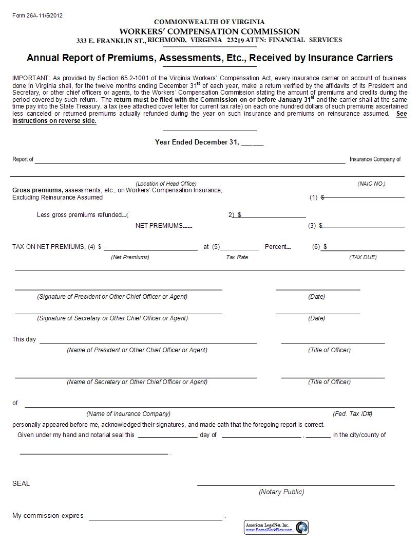 Annual Report Of Premiums Assessments Etc Received By Insurance Carriers {26A} | Pdf Fpdf Docx | Virginia