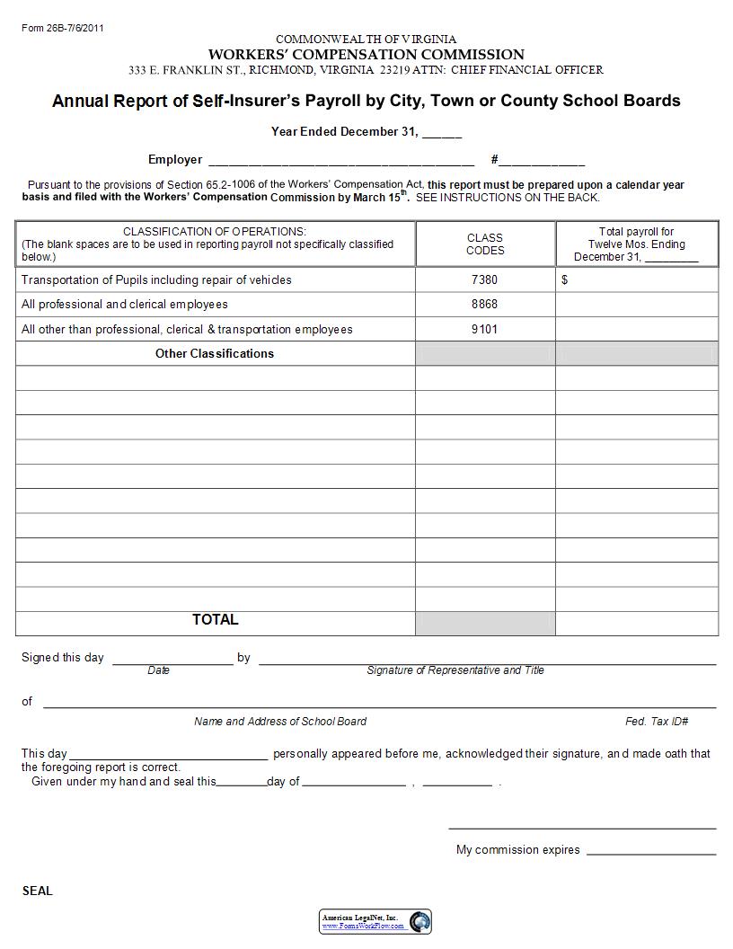 Annual Report Of Self Insurers Payroll  By School Boards {26B} | Pdf Fpdf Docx | Virginia