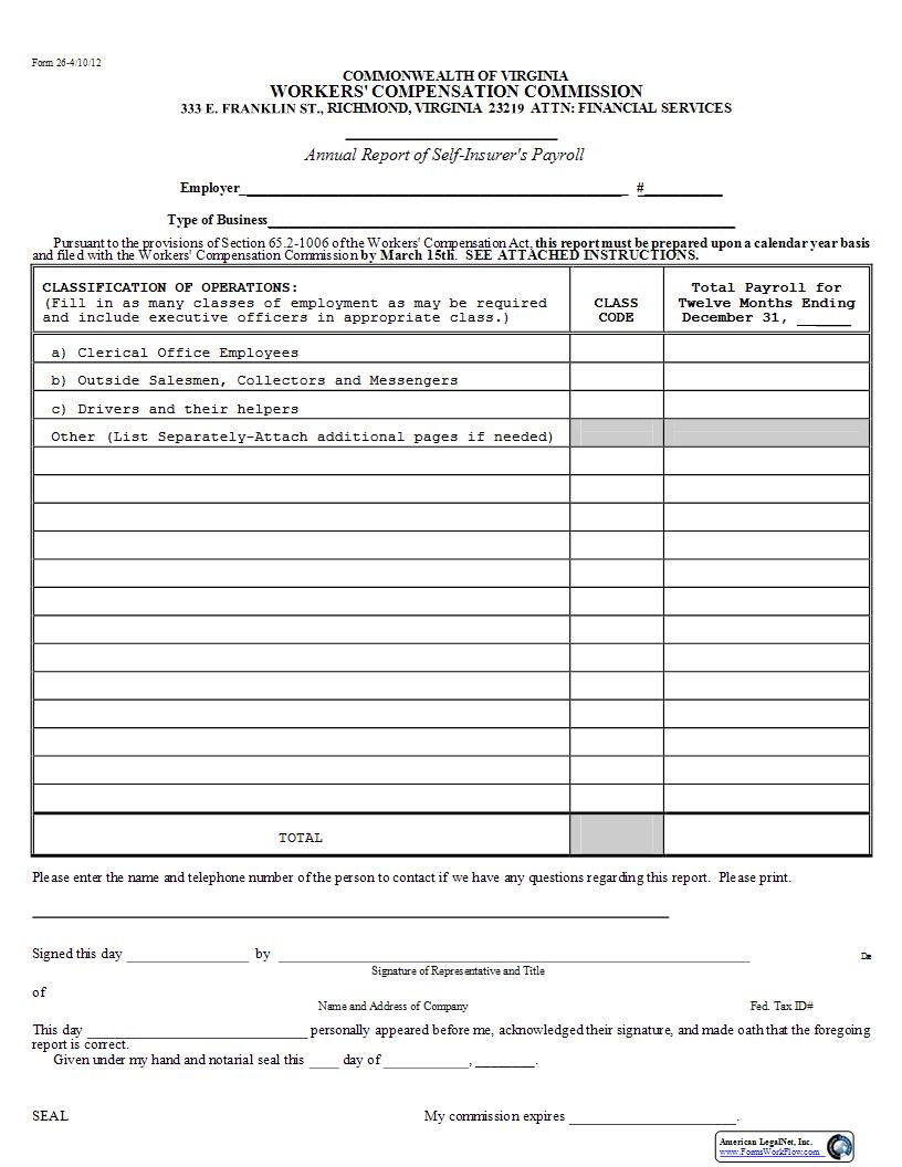 Annual Report Of Self Insurers Payroll {26} | Pdf Fpdf Docx | Virginia