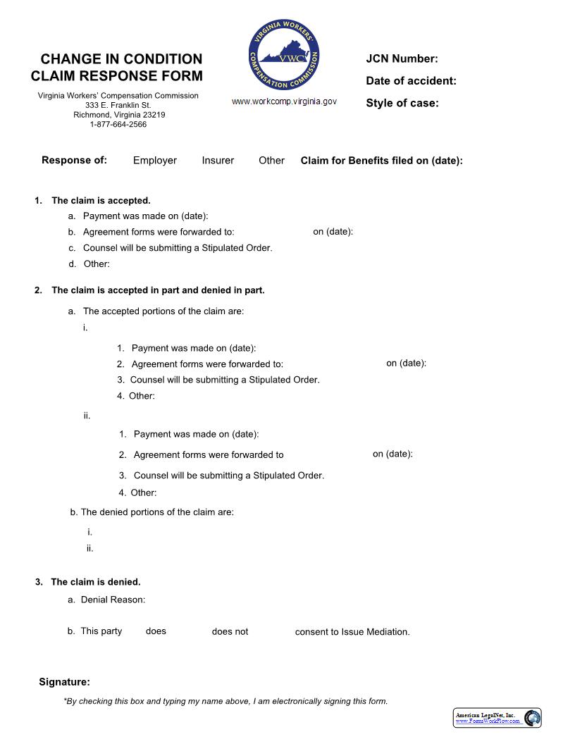 Change In Condition Claim Response  | Pdf Fpdf Docx | Virginia