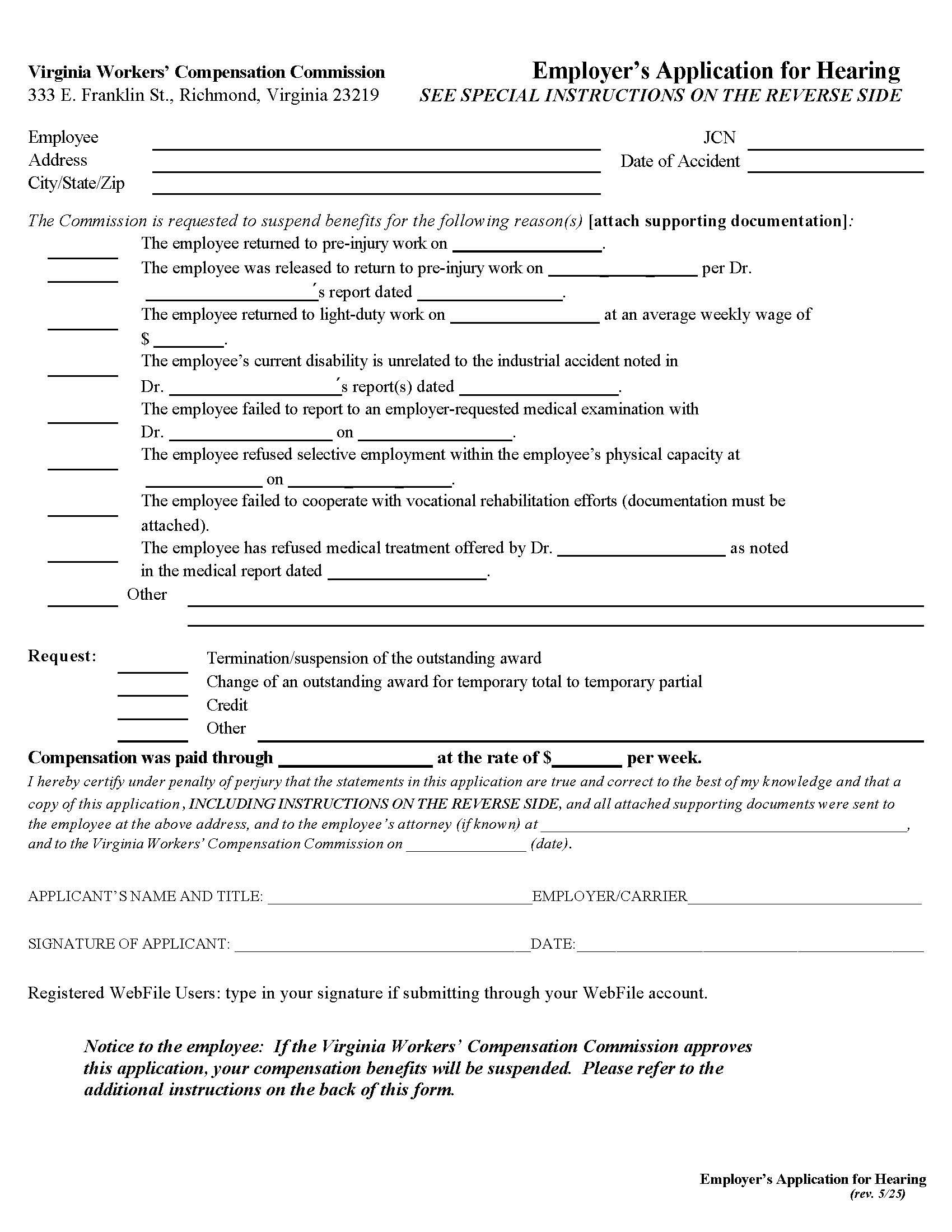 Employers Application For Hearing {5A} | Pdf Fpdf Docx | Virginia