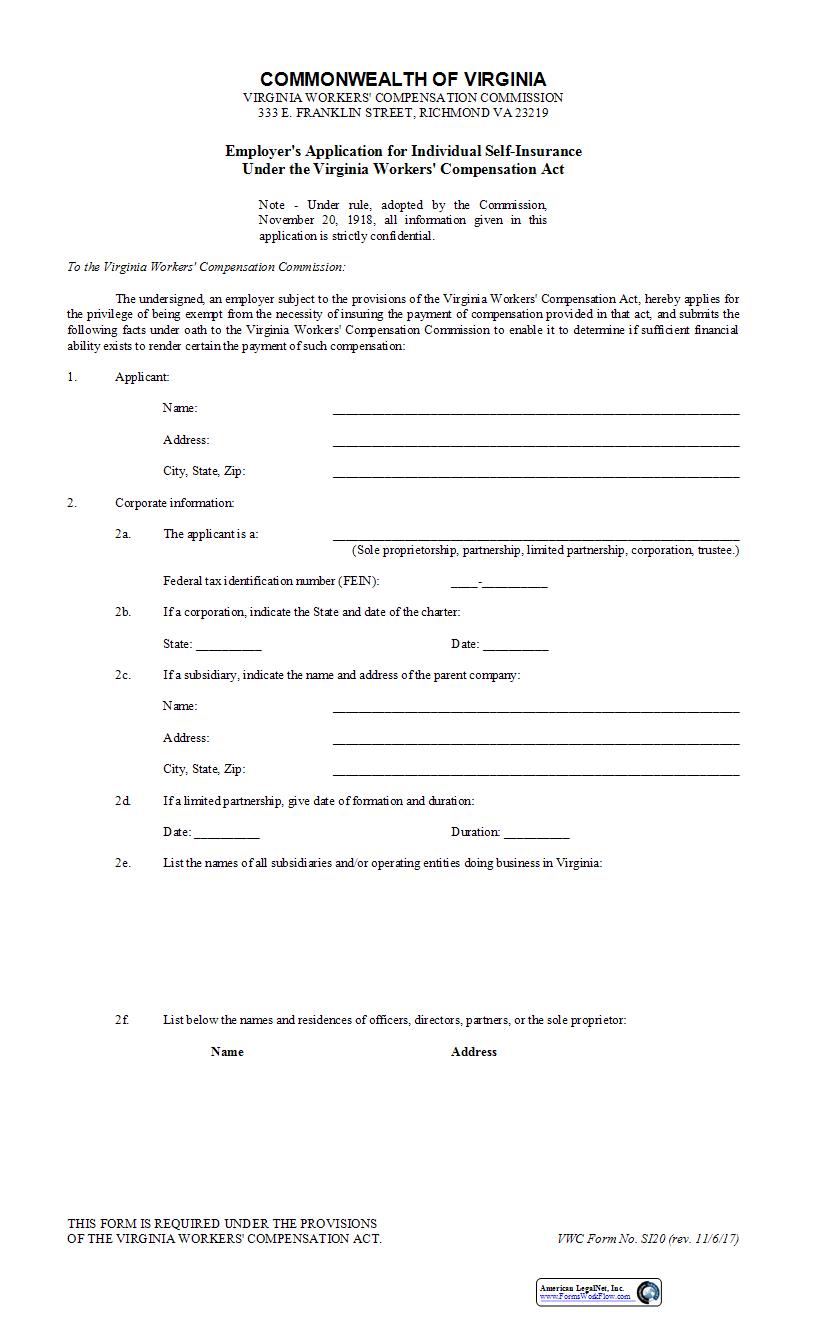 Employers Application For Individual Self Insurance {S120} | Pdf Fpdf Docx | Virginia