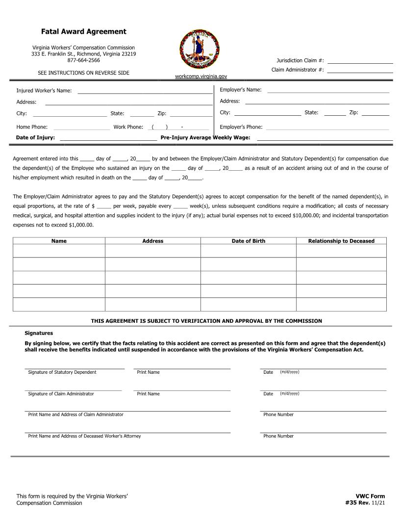 Fatal Award Agreement {35} | Pdf Fpdf Docx | Virginia