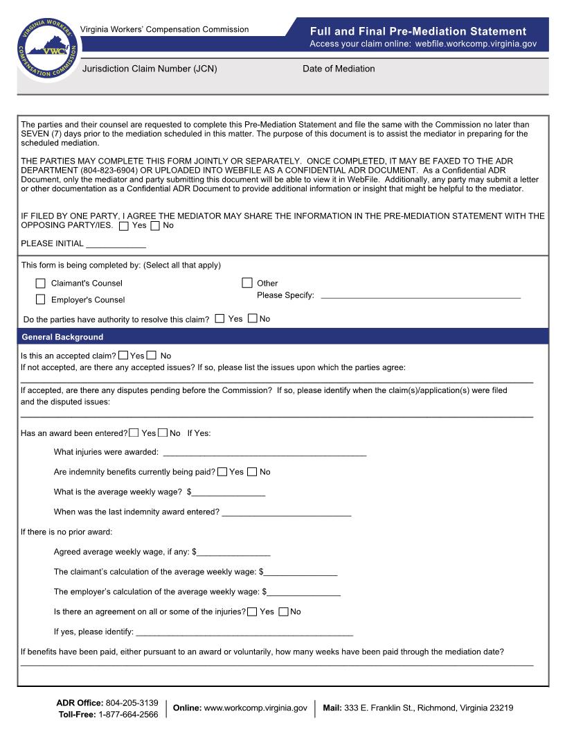 Full And Final Pre-Mediation Statement (All Claims) | Pdf Fpdf Docx | Virginia