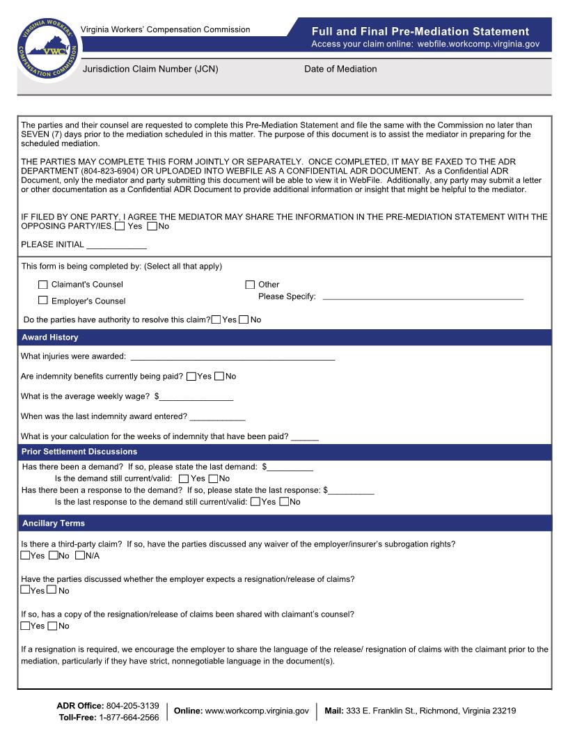 Full And Final Pre-Mediation Statement (Awarded Claim)  | Pdf Fpdf Docx | Virginia