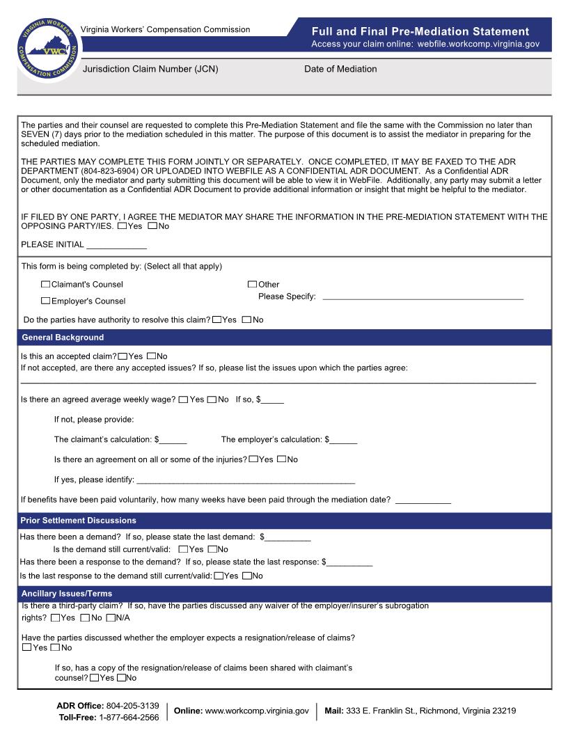 Full And Final Pre-Mediation Statement (Contested Original Claim) | Pdf Fpdf Docx | Virginia