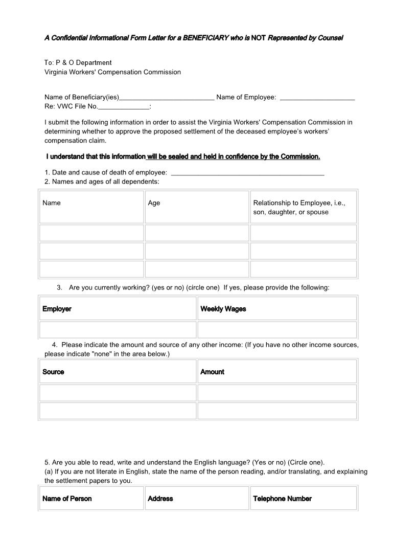 Letter For Beneficiary In Fatal Case | Pdf Fpdf Docx | Virginia