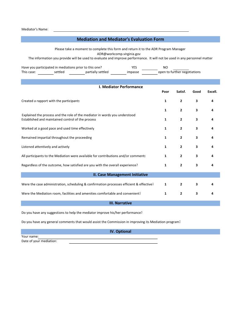 Mediation And Mediators Evaluation Form | Pdf Fpdf Docx | Virginia