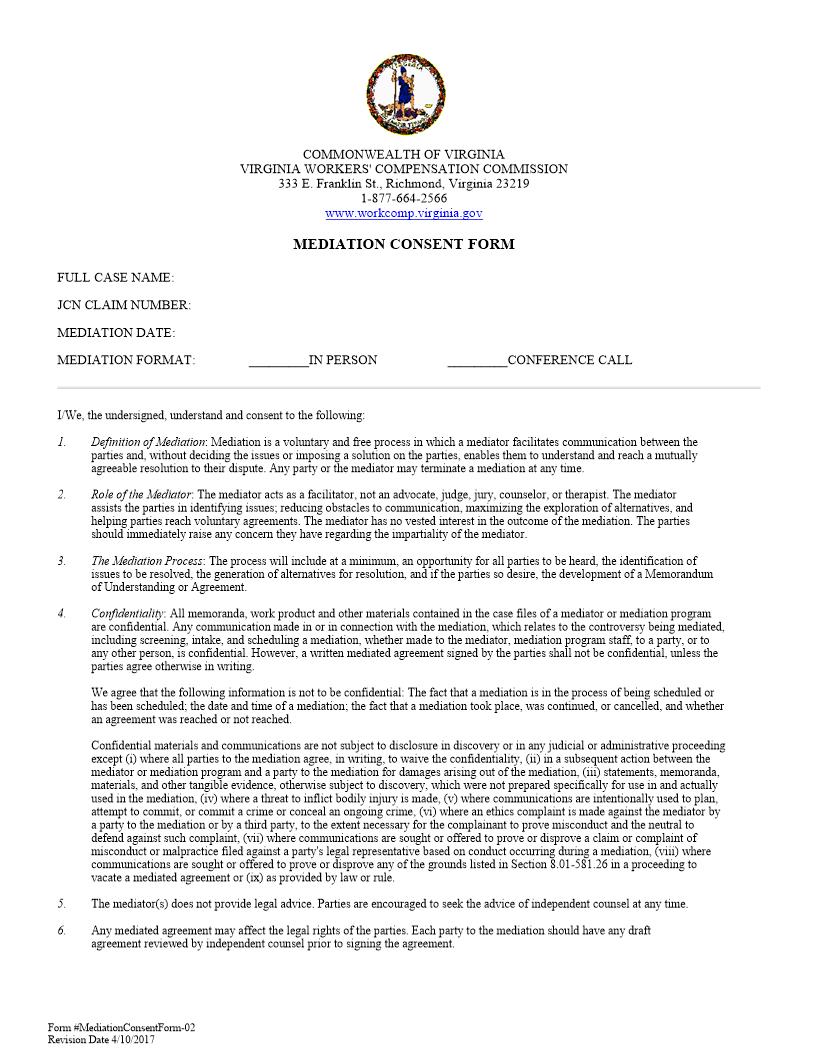 Mediation Consent (With Legal Counsel) | Pdf Fpdf Docx | Virginia