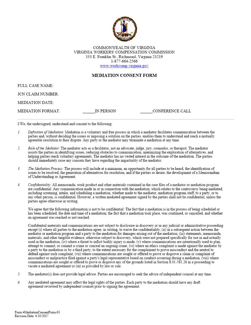 Mediation Consent (Without Legal Counse) | Pdf Fpdf Docx | Virginia