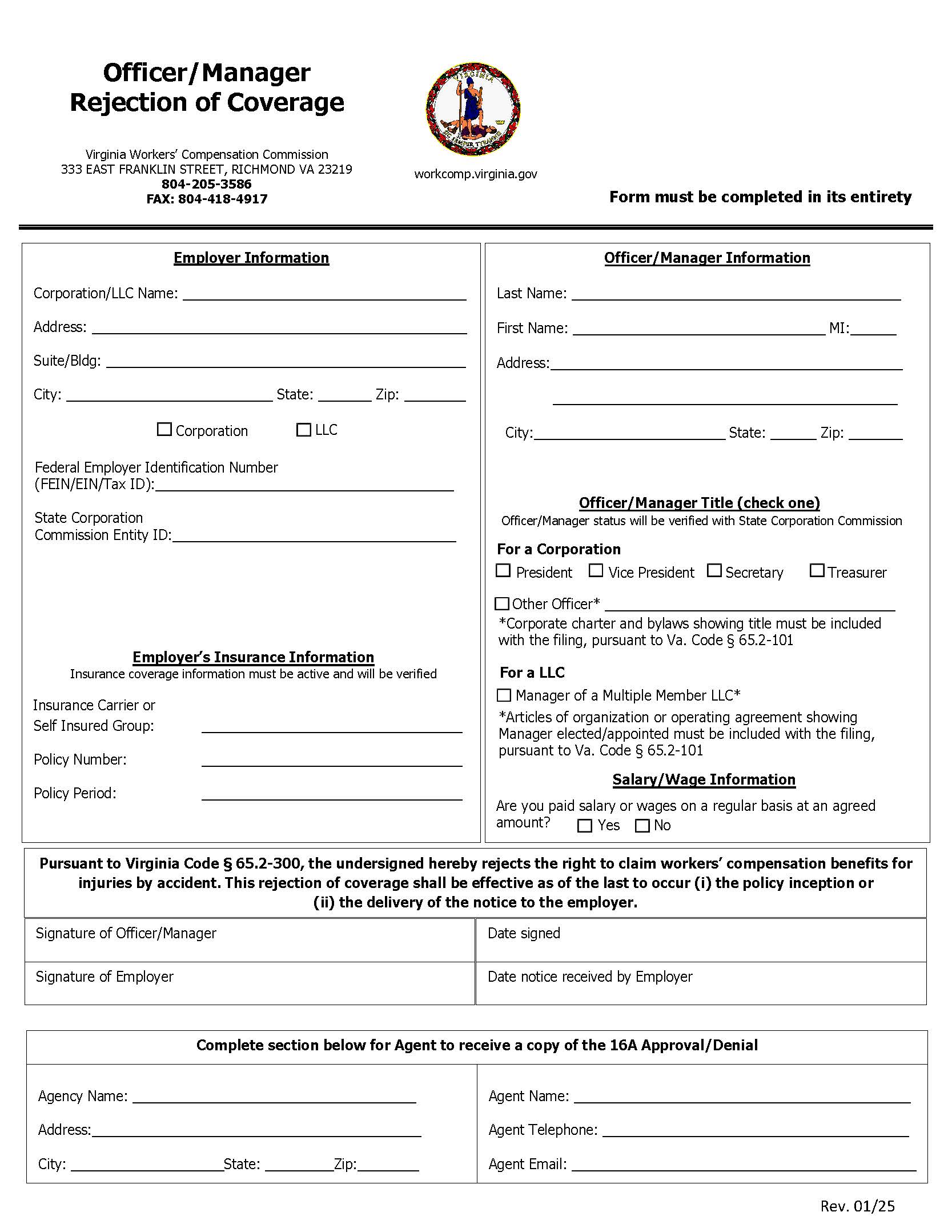 Officer Manager Rejection Of Coverage {16A} | Pdf Fpdf Docx | Virginia