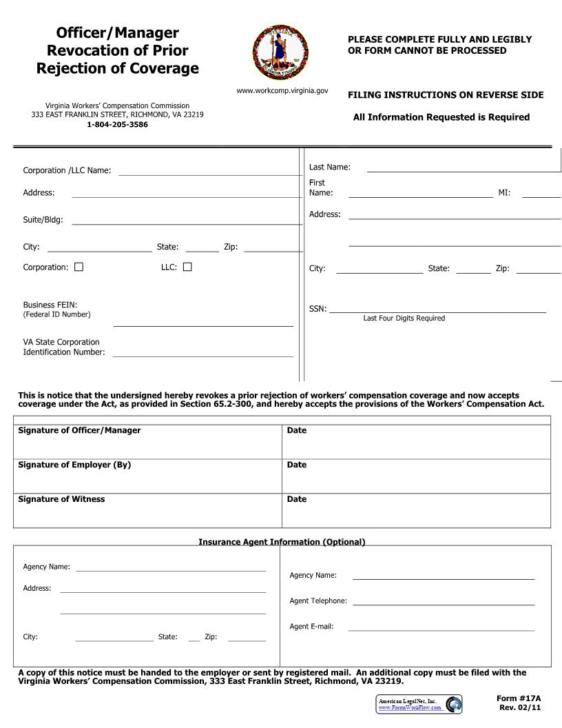 Officer Manager Revocation Of Prior Rejection Of Coverage {17A} | Pdf Fpdf Docx | Virginia