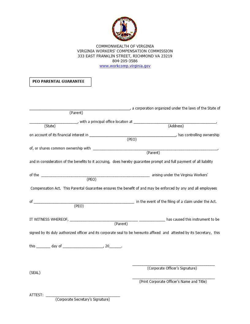 PEO Parental Guarantee | Pdf Fpdf Docx | Virginia