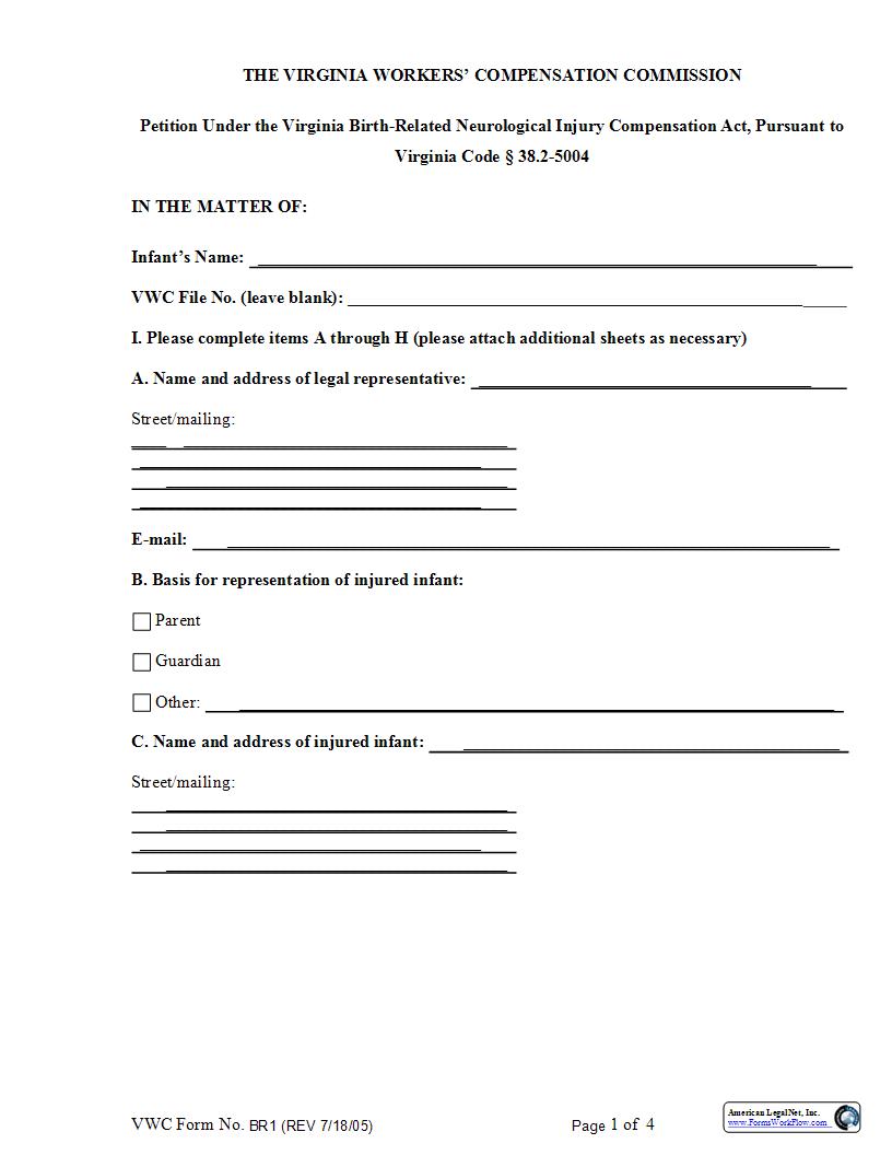 Petition Under Birth Related Neurological Injury Compensation Act {BR1} | Pdf Fpdf Docx | Virginia