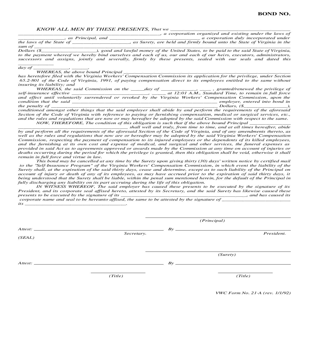 Self Insurance Bond {21-A} | Pdf Fpdf Doc Docx | Virginia