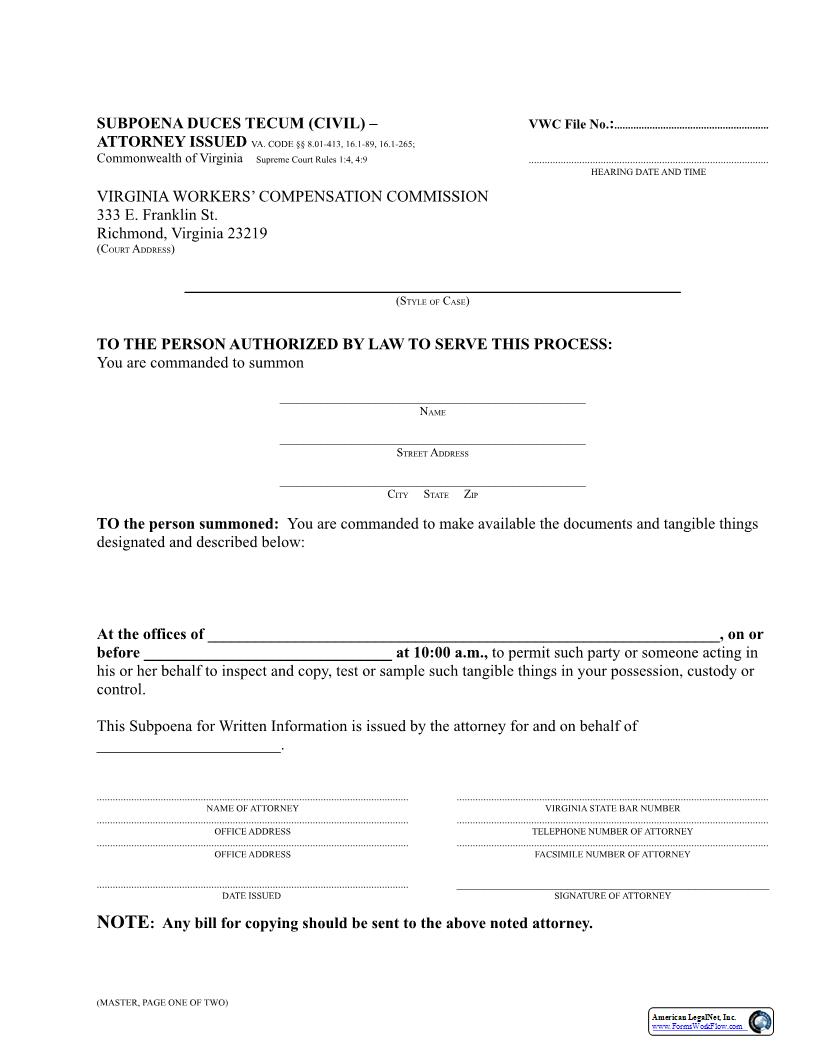Subpoena Duces Tecum Civil Attorney Issued | Pdf Fpdf Docx | Virginia