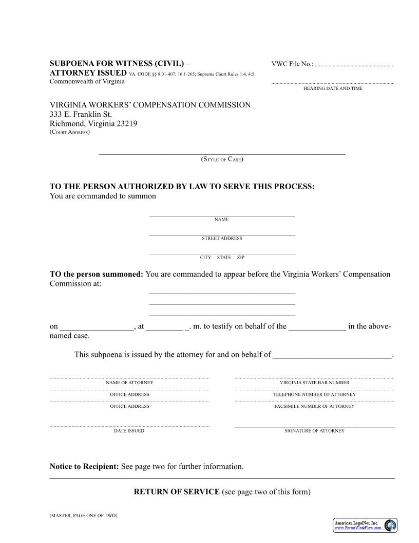 Subpoena For Witness Civil Attorney Issued | Pdf Fpdf Docx | Virginia