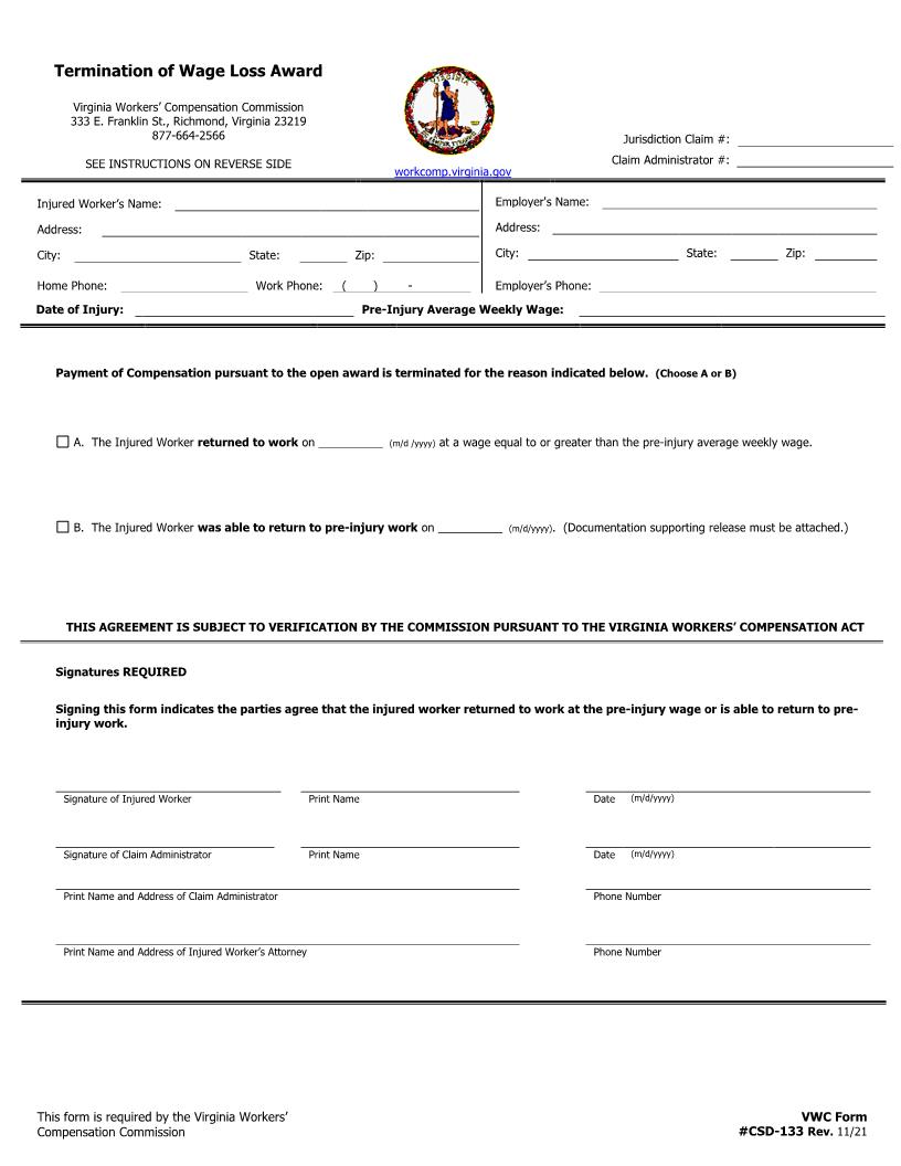 Termination Of Wage Loss Award {CSD-133} | Pdf Fpdf Docx | Virginia