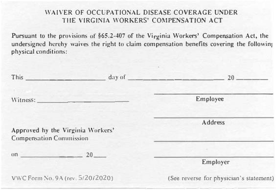 Waiver Of Occupational Disease Coverage {9A} | Pdf Fpdf Doc Docx | Virginia