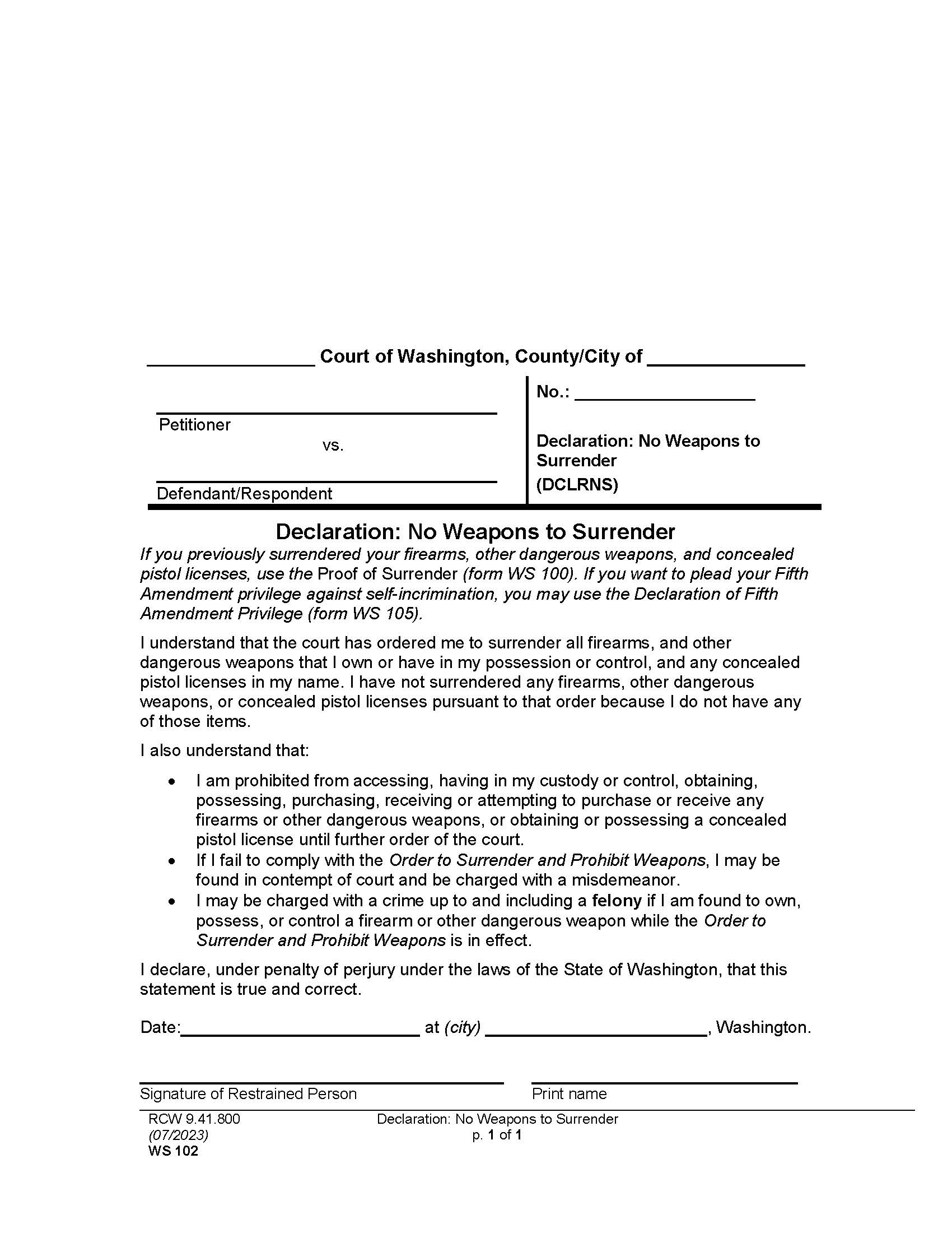 Declaration Of Non Surrender {WS 102} | Pdf Fpdf Docx | Washington