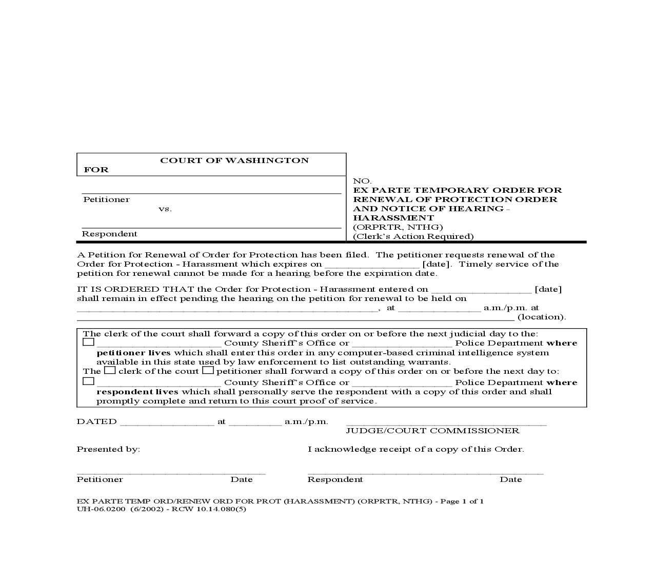 Ex Parte Temporary Order For Renewal Of Protection Order And Notice Of Hearing {UH-06.0200} | Pdf Fpdf Doc Docx | Washington