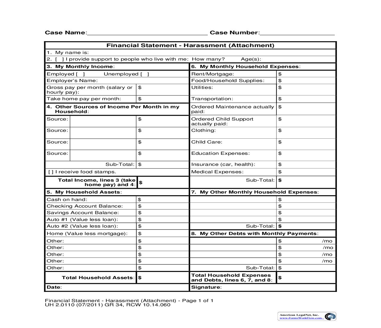 Financial Statement Harassment {UH-02.0110} | Pdf Fpdf Doc Docx | Washington