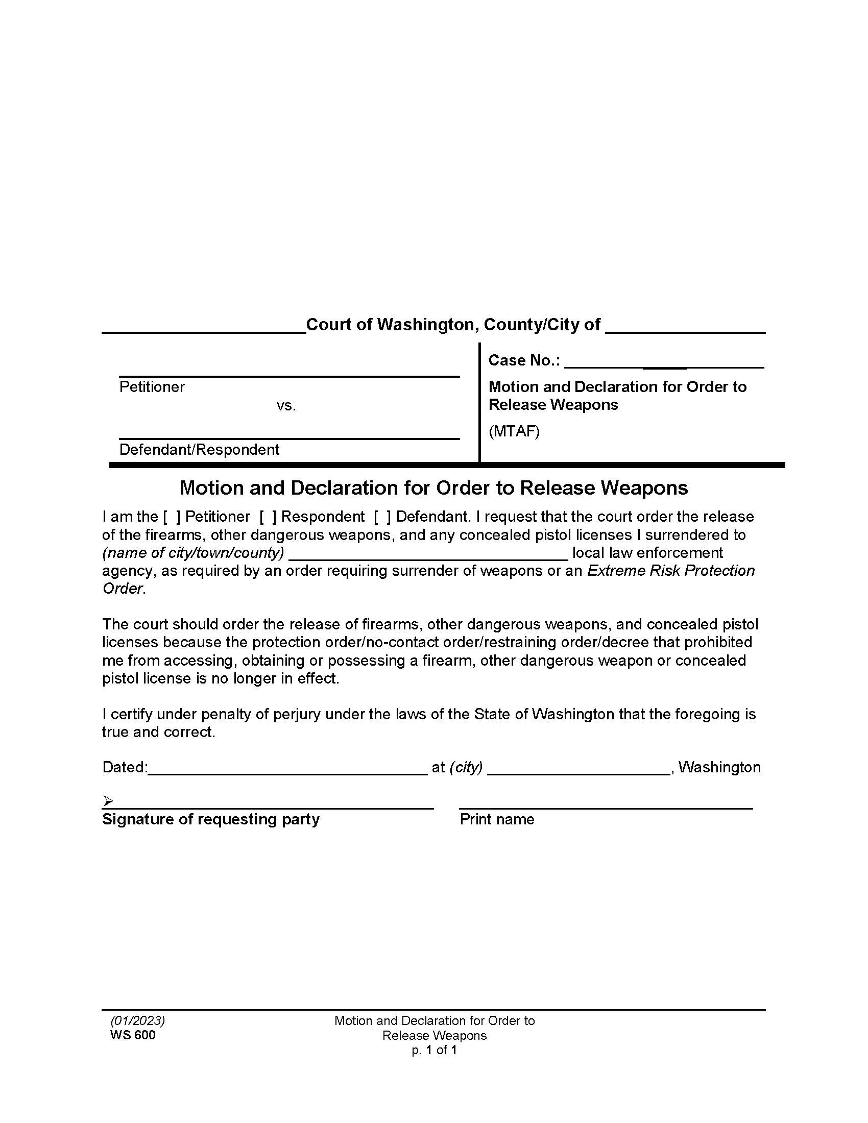 Motion And Declaration For Order To Release Weapons {WS 600} | Pdf Fpdf Doc Docx | Washington