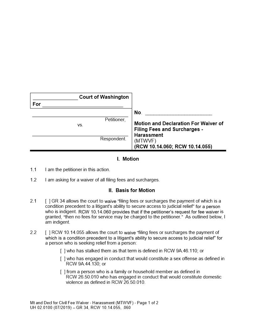Motion And Declaration For Waiver Of Filing Fees And Surcharges {UH-02.0100} | Pdf Fpdf Doc Docx | Washington