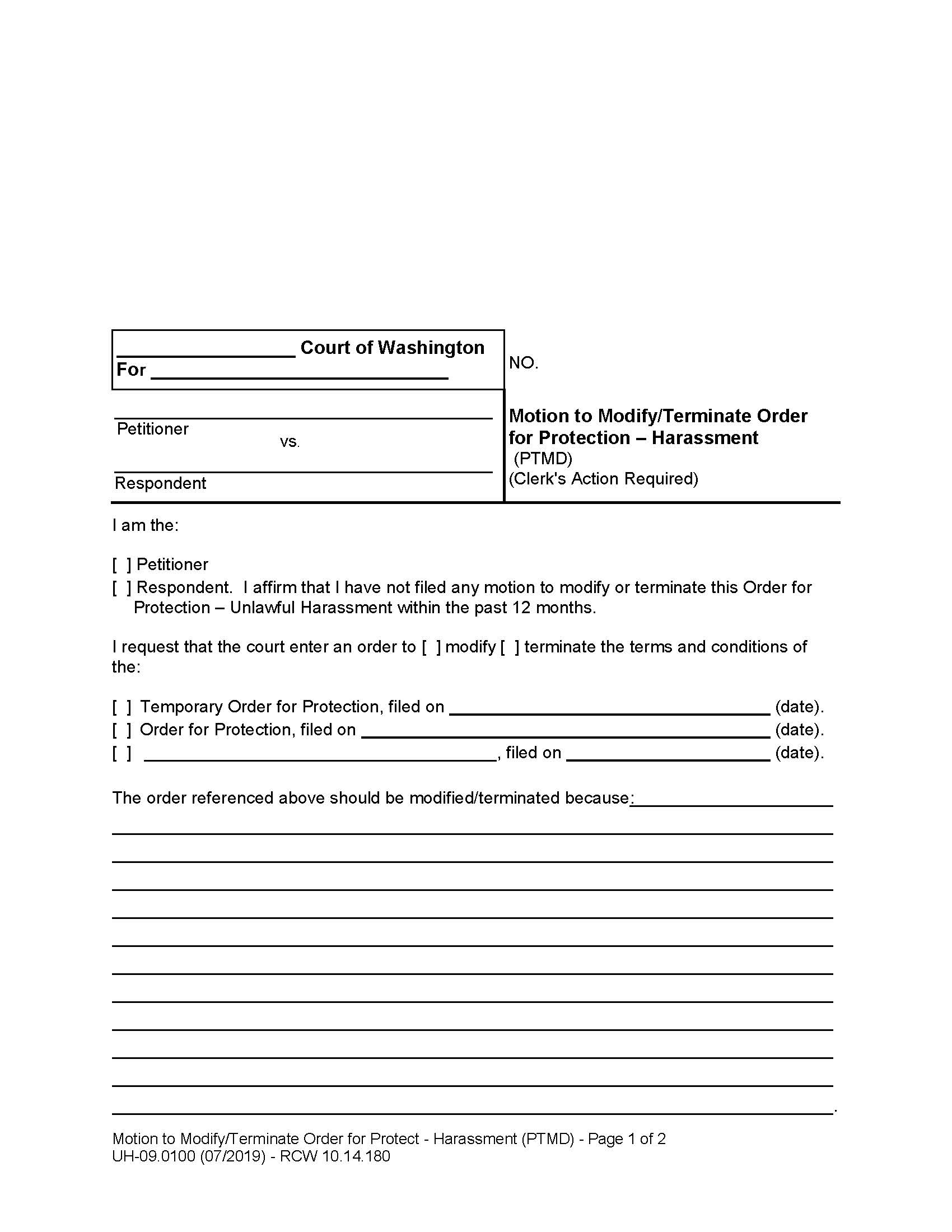 Motion To Modify Terminate Order For Protection {UH-09.0100} | Pdf Fpdf Doc Docx | Washington