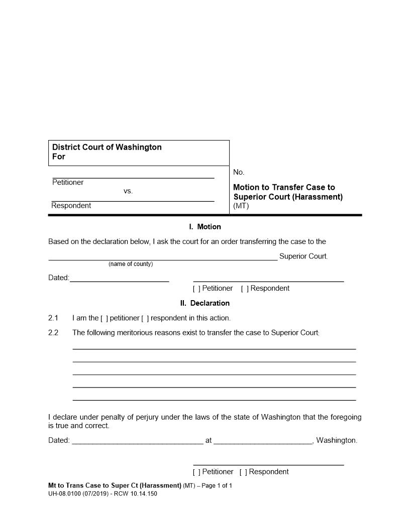 Motion To Transfer Case To Superior Court {UH-08.0100} | Pdf Fpdf Doc Docx | Washington