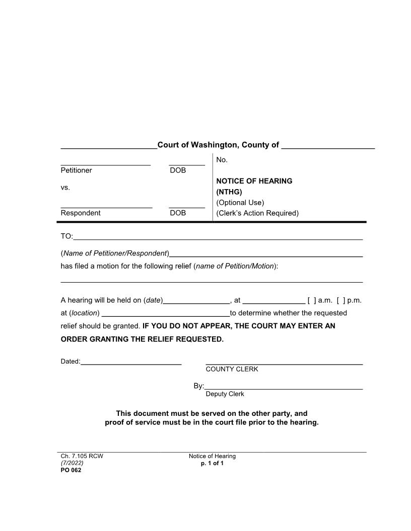 Notice Of Hearing {PO 062} | Pdf Fpdf Doc Docx | Washington
